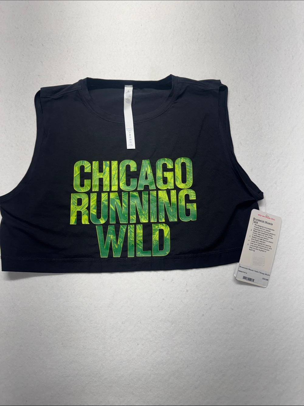 lululemon athletica Black Crop Tank with Green 'Chicago Running Wild' Print